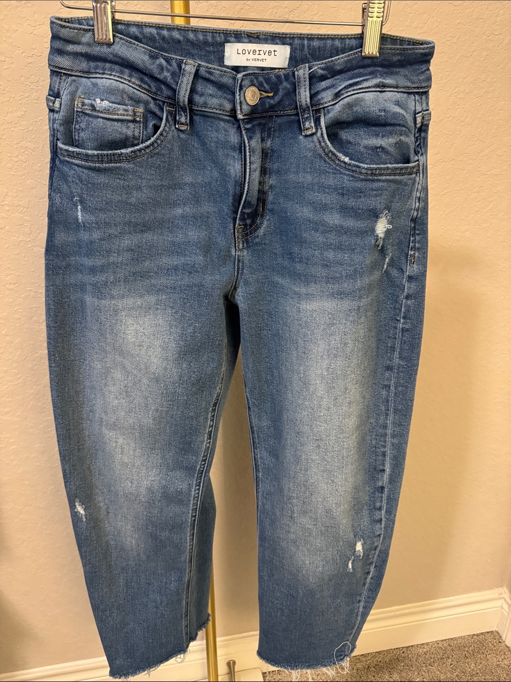 Lovervet Women's Mid Blue Cropped Barrel Distressed Ankle Jeans